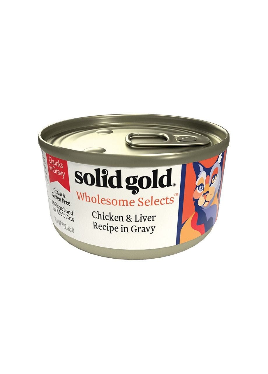 Solid Gold wholesome selects in gravy chicken and liver cat food 3oz