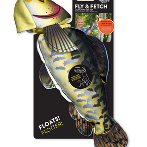 Spunky pup, fly & fetch, launching plush toy, fish